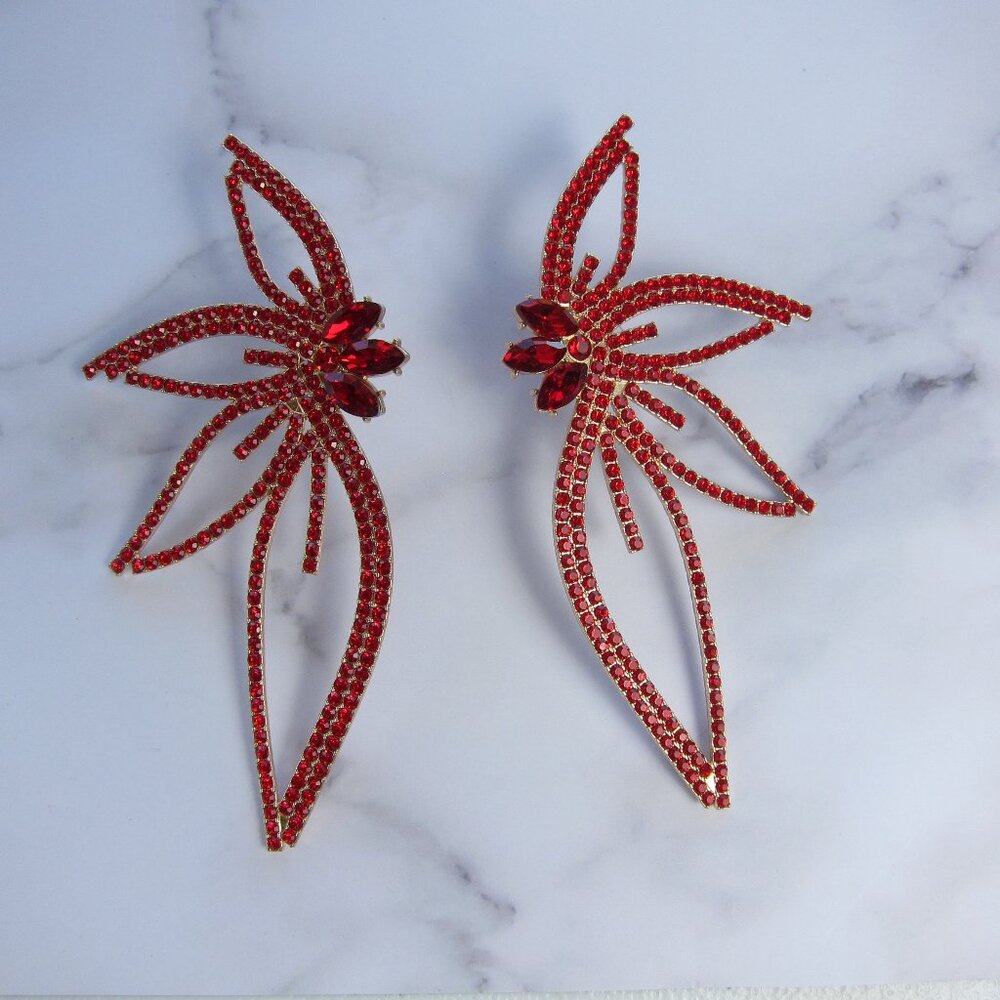 Elegant Big Wing Stud Red Earrings for Women Metallic with Rhinestones